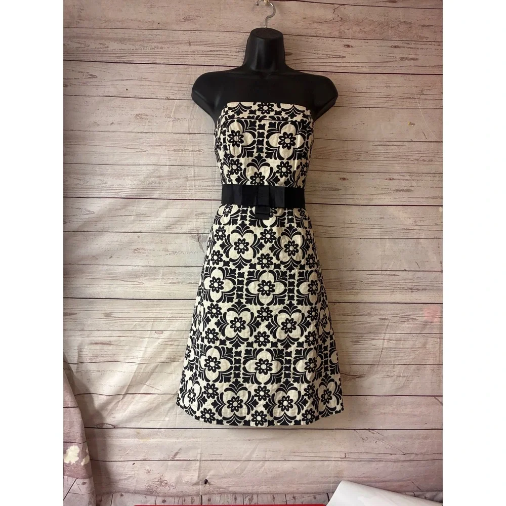 Lilly Pulitzer Modern Strapless Dress Preppy Coquette Floral Bow - 2 Black Cream - Picture 7 of 11